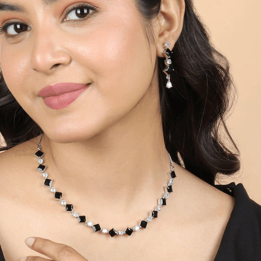 Black Stone Diamond Necklace Set with Ring, Earrings, and Bracelet - Rukhmani