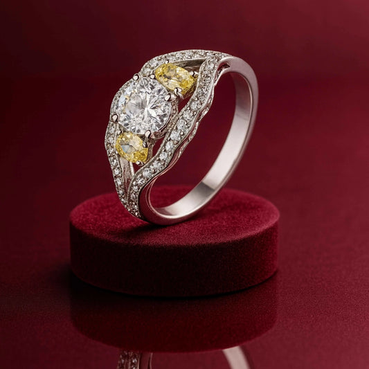 925 Sterling Silver Oval Cut White & Yellow CZ Engagement Ring
