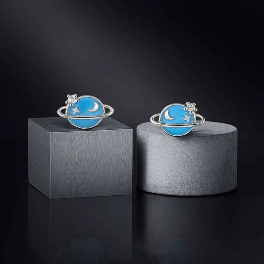 925 Sterling Silver Blue Planet Stud Earrings | Rhodium Plated with Enamel and CZ