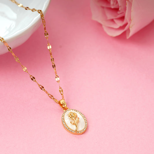 Fancy Design Gold Plated Rose Carved on Mother of Pearl Pendant
