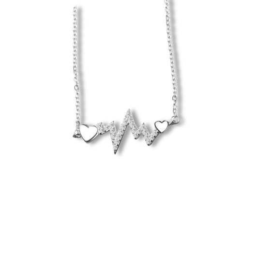 925 Sterling Silver Rhodium Plated Heartbeat Necklace with Cubic Zirconia