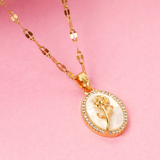 Fancy Design Gold Plated Rose Carved on Mother of Pearl Pendant