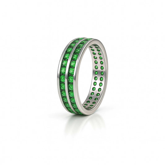925 Sterling Silver Men’s Ring with Green Emerald-Cut Stones | Double Row Band, Rhodium Plated