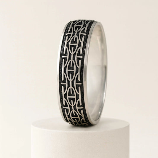 925 Sterling Silver Men’s Ring | Rhodium Plated Geometric Pattern Band
