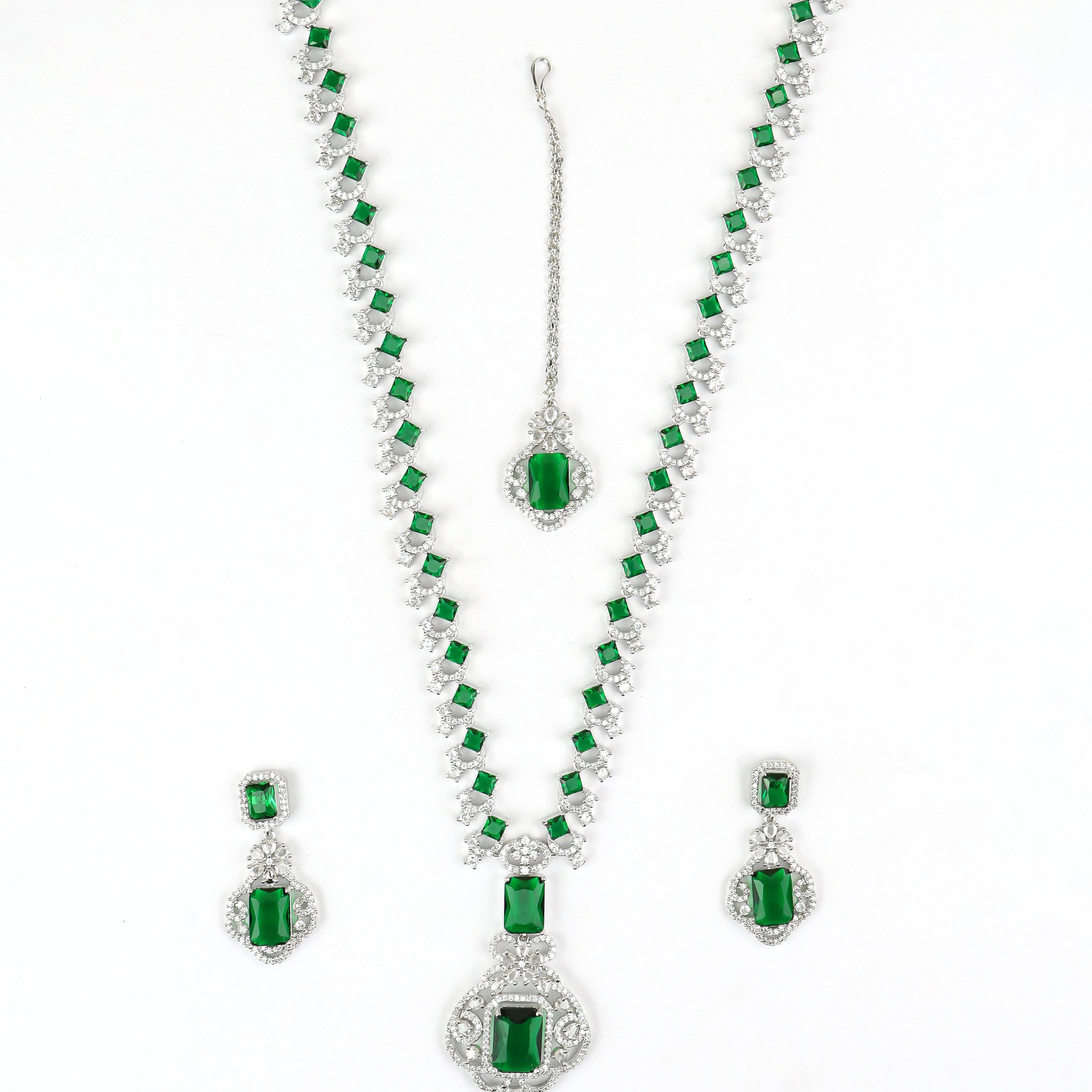 Classic Emeraled American Diamond Necklace Set With Earrings - Rukhmani