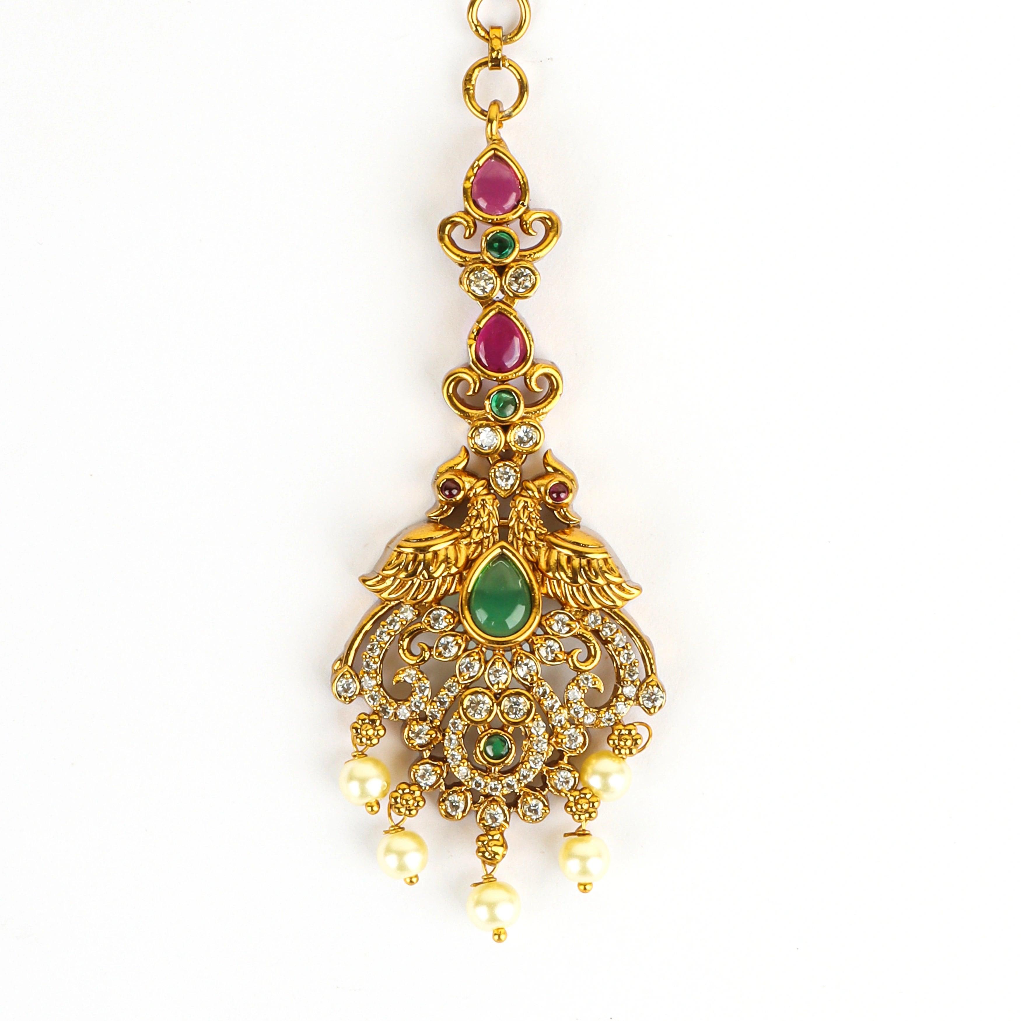 Peacock Green Stone Gold Plated Mangtika - Rukhmani