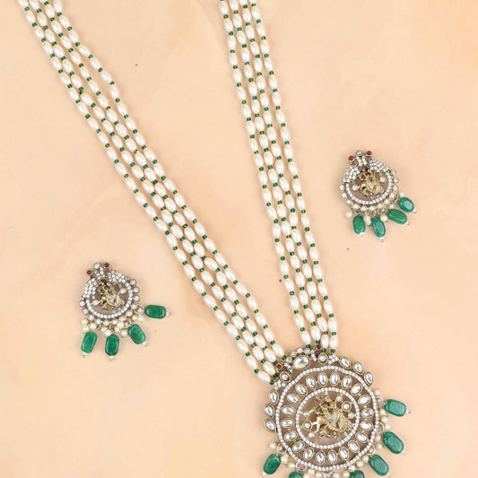 Radha Krishna Green Stone Long Rajwadi Necklace With Earrings - Rukhmani
