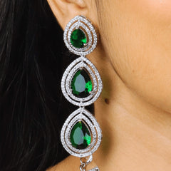 Silver Plated Emerald American Drop Diamond Necklace Set with Earrings