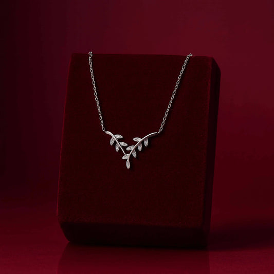 925 Sterling Silver Leaf Motif Necklace with CZ Accents