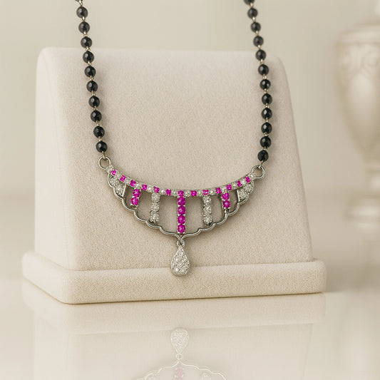 925 Sterling Silver Rhodium Plated Pink & White Cubic Zirconia Designer Mangalsutra for Women