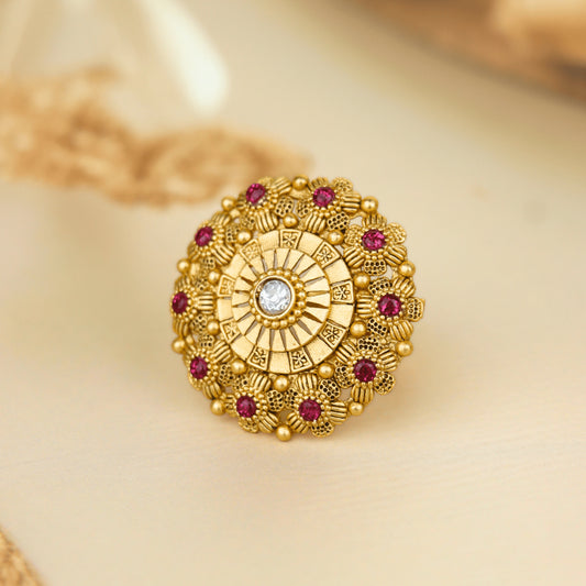 Gold Plated White and Red Stones Rajwadi Rings