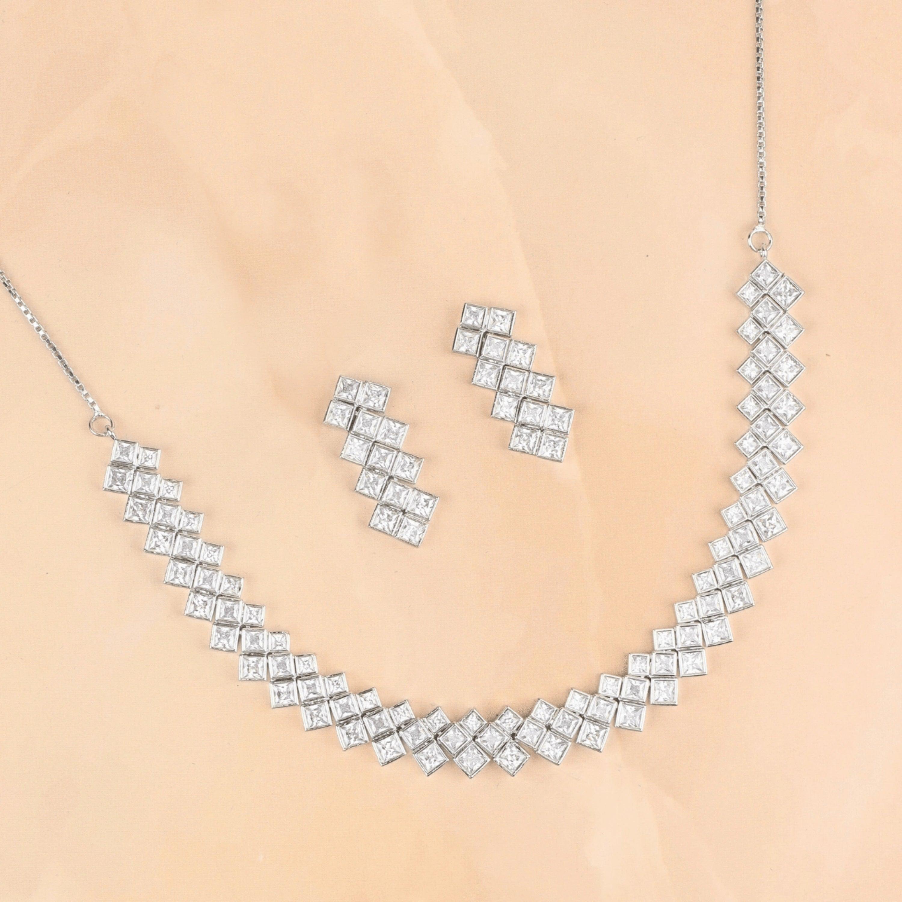 Silver Plated Modern Flow Diamond Necklace with Earrings - Rukhmani