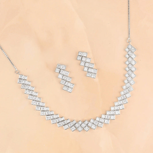 Silver Plated Modern Flow Diamond Necklace with Earrings - Rukhmani