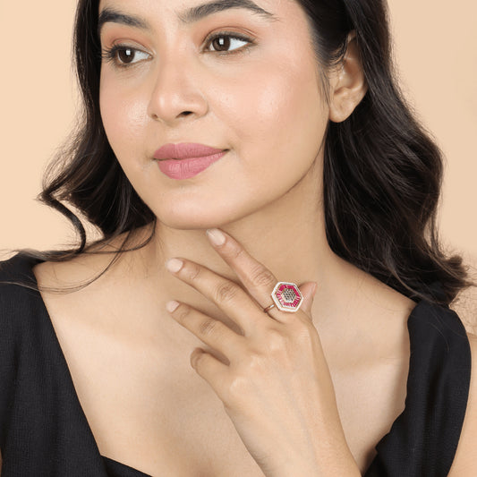 Beautiful Design Gold Plated Pearl and Pink Hexagonal Rings