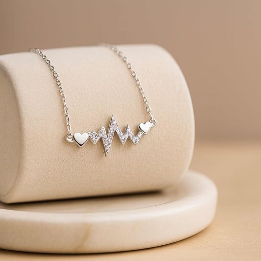 925 Sterling Silver Rhodium Plated Heartbeat Necklace with Cubic Zirconia