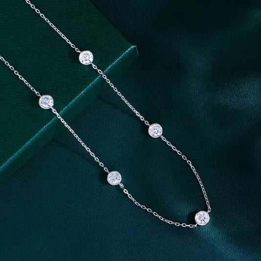 Fashion Bezel Setting Round Cubic Zircon Gemstone 925 Sterling Silver Chain Choker Necklace for Women Daily Jewellery
