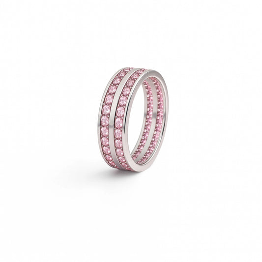 925 Sterling Silver Men’s Ring with Pink Sapphire Stones | Double Row Band, Rhodium Plated