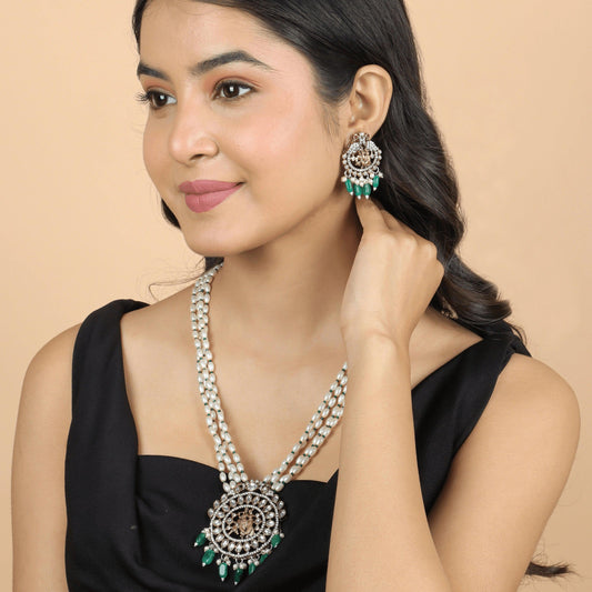 Radha Krishna Green Stone Long Rajwadi Necklace With Earrings - Rukhmani