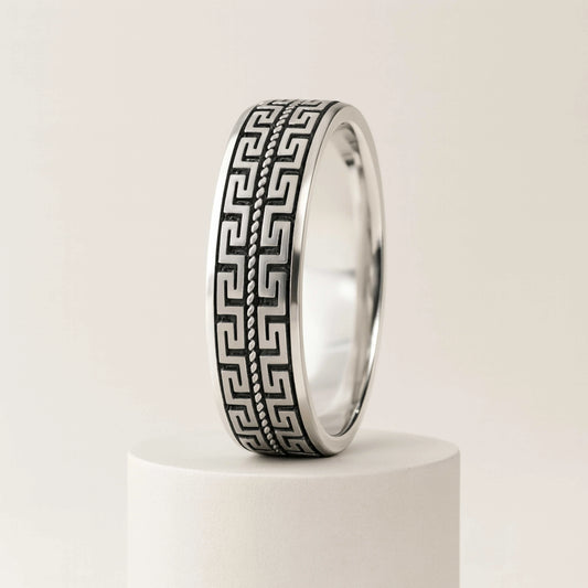 925 Sterling Silver Men’s Ring | Rhodium Plated Greek Key Pattern Band