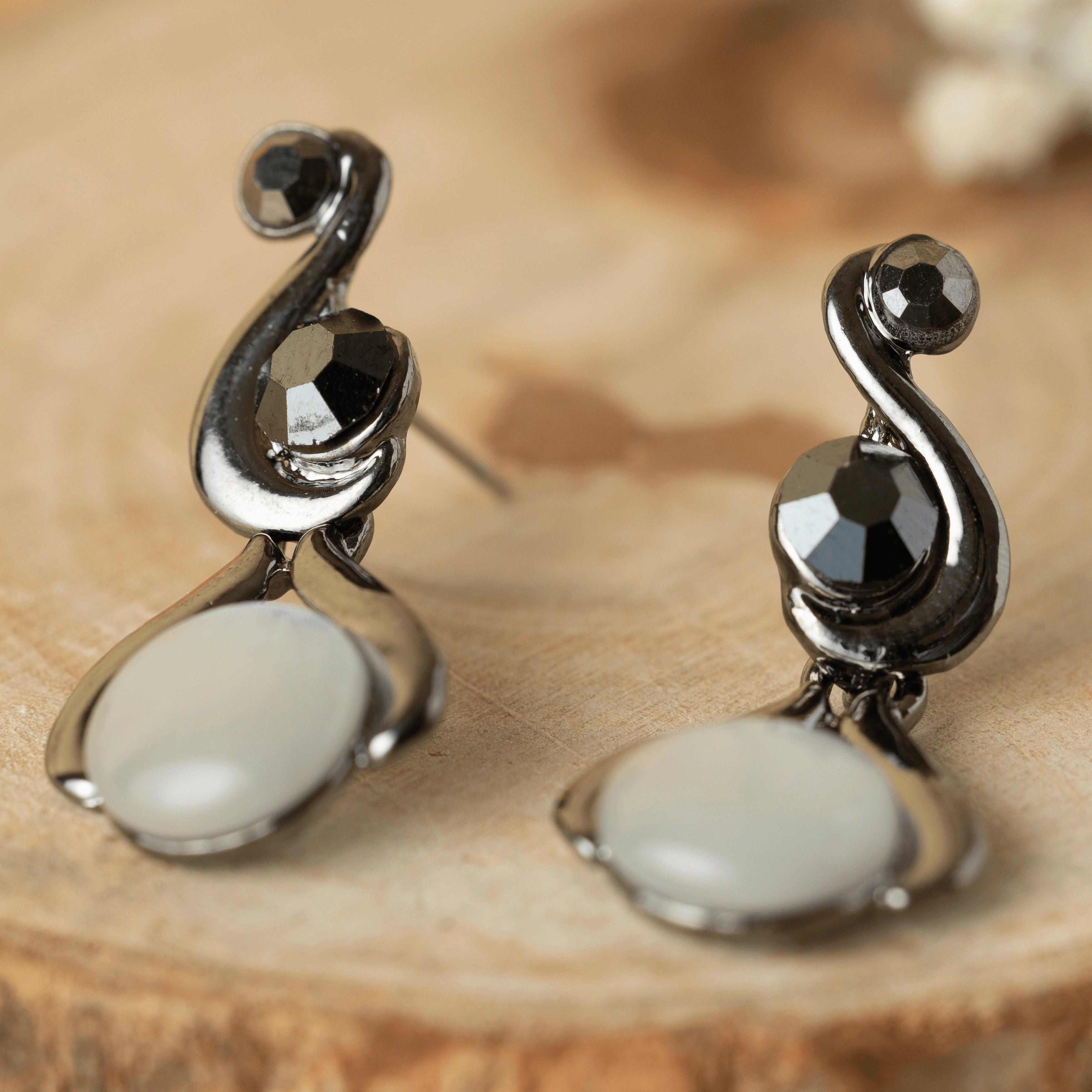 Black Design In White Pearl Stud Earrings - Rukhmani