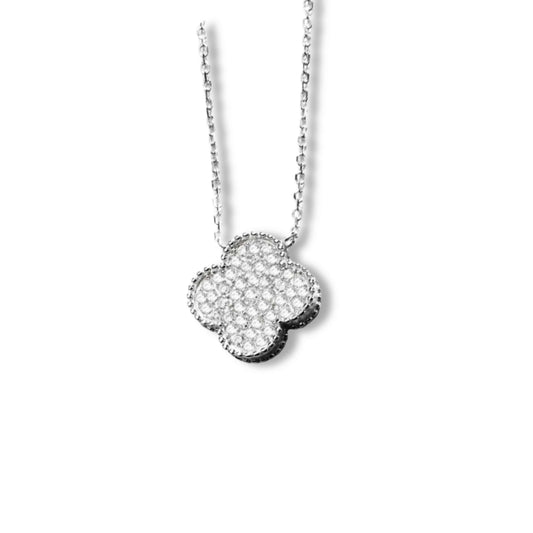 925 Sterling Silver Rhodium Plated Clover Necklace with Cubic Zirconia