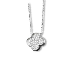 925 Sterling Silver Rhodium Plated Clover Necklace with Cubic Zirconia