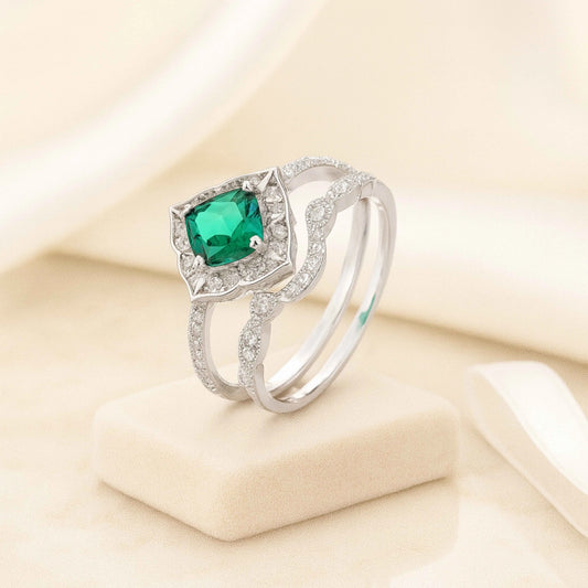 925 Sterling Silver Green Emerald Cut Halo Bridal Set Ring