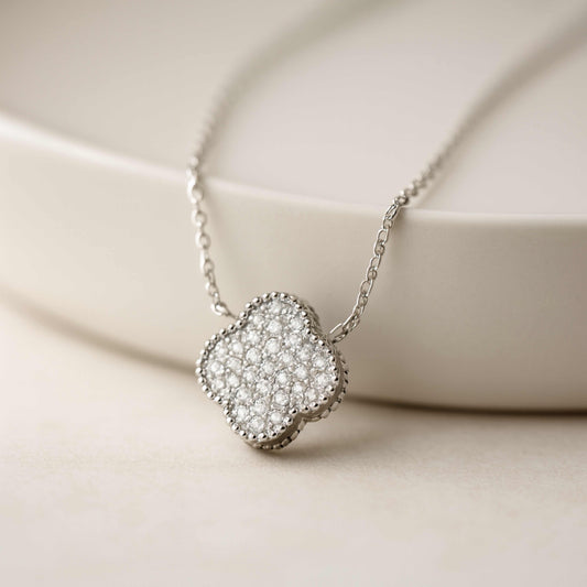 925 Sterling Silver Rhodium Plated Clover Necklace with Cubic Zirconia