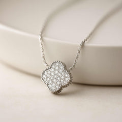 925 Sterling Silver Rhodium Plated Clover Necklace with Cubic Zirconia