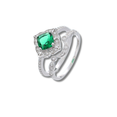 925 Sterling Silver Green Emerald Cut Halo Bridal Set Ring