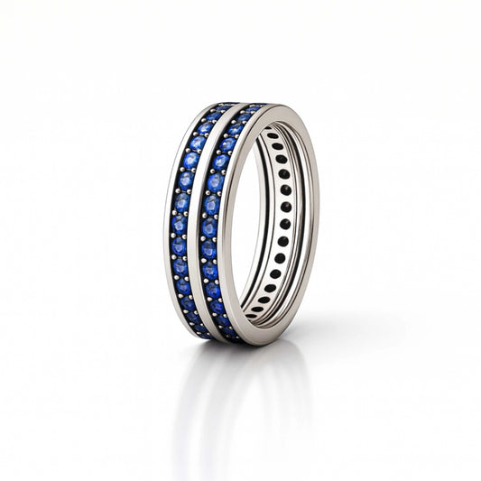 925 Sterling Silver Men’s Ring with Blue Sapphire Stones | Double Row Band, Rhodium Plated