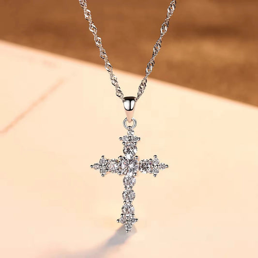 925 Sterling Silver Cross Pendant Necklace with Zircon Accents