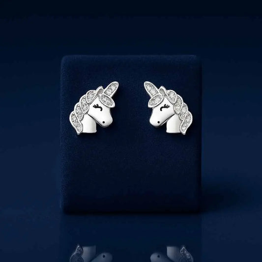 925 Sterling Silver Unicorn Stud Earrings |  Rhodium Plated with Cubic Zirconia