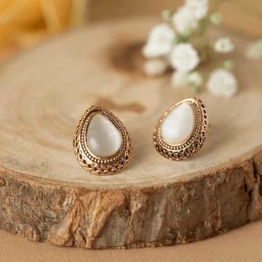 Gold Plated Pearl Teardrop Stud Earrings - Rukhmani