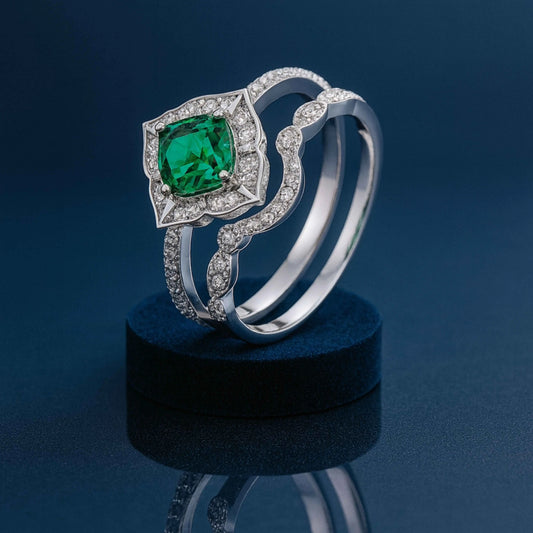 925 Sterling Silver Green Emerald Cut Halo Bridal Set Ring