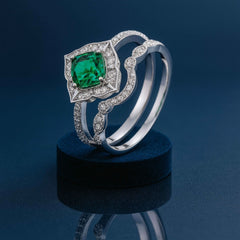925 Sterling Silver Green Emerald Cut Halo Bridal Set Ring