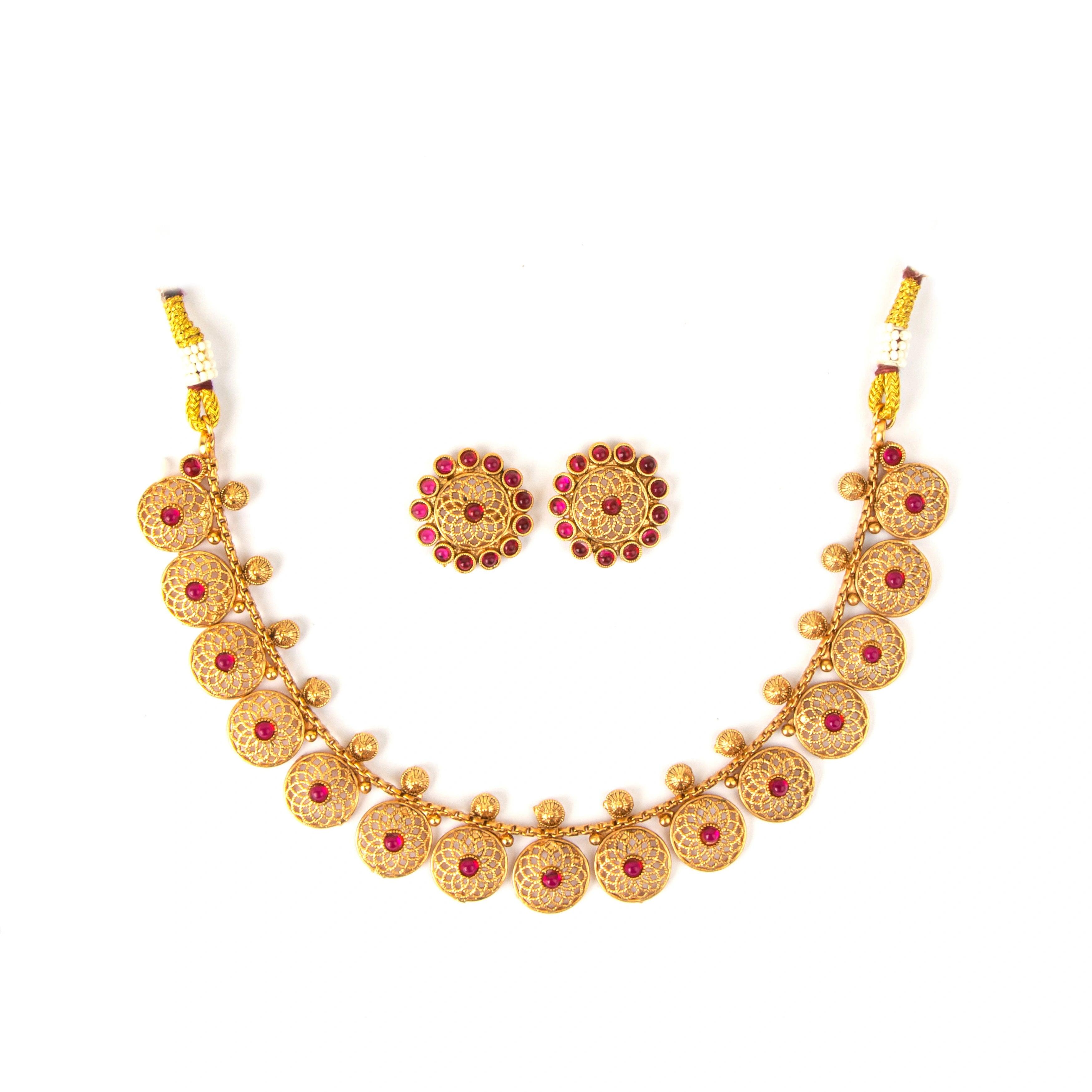Majestic Red Stone South Indian Necklace with Earrings - Rukhmani