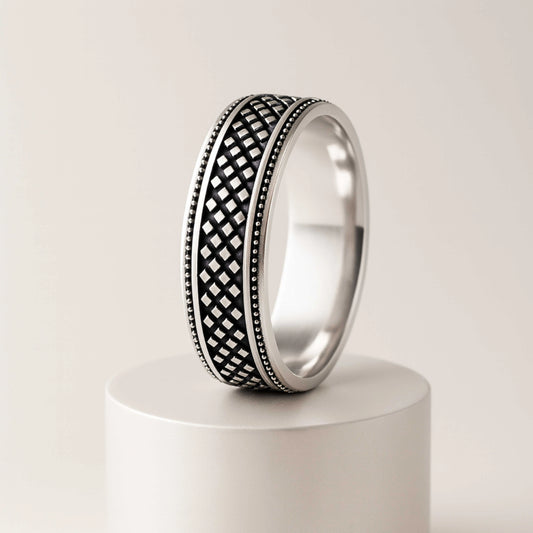 925 Sterling Silver Men’s Ring | Rhodium Plated Lattice Pattern Band