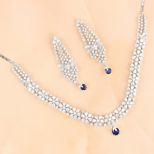 Diamond Flower with Blue Center Necklace with Earrings