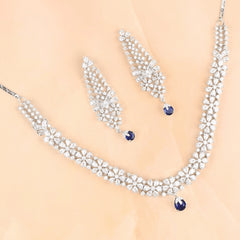 Diamond Flower with Blue Center Necklace with Earrings