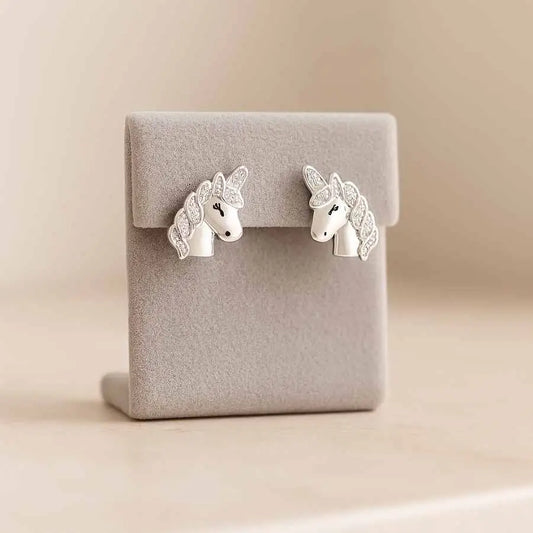 925 Sterling Silver Unicorn Stud Earrings |  Rhodium Plated with Cubic Zirconia