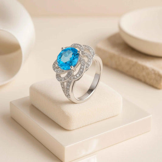 Blue Topaz Flower Petal 925 Sterling Silver Ring