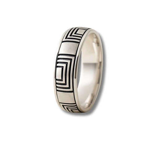 925 Sterling Silver Men’s Ring | Rhodium Plated Geometric Square Pattern Band