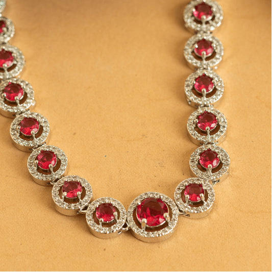 Maroon American Diamond Silver Plated Victorian Necklace Set With Earrings