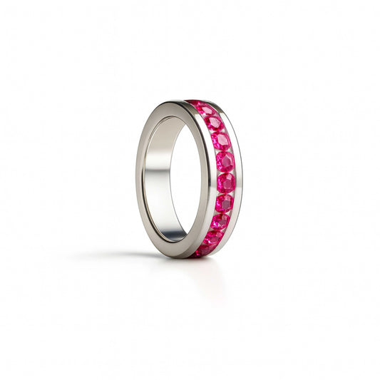 925 Sterling Silver Men’s Ring with Ruby Red Stones | Channel Set Band, Rhodium Plated