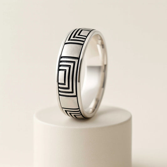 925 Sterling Silver Men’s Ring | Rhodium Plated Geometric Square Pattern Band
