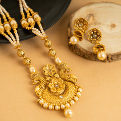 Traditional Gold Plated Pearl Designer Rajwadi Set With Earrings