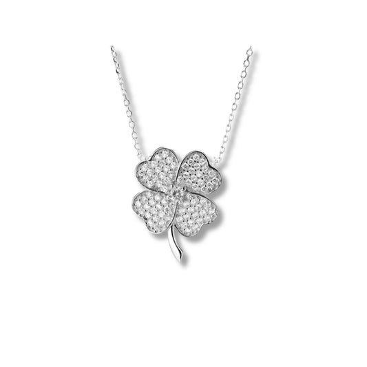 925 Sterling Silver Rhodium Plated Four Leaf Clover Pendant Necklace with Cubic Zirconia