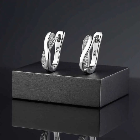 925 Sterling Silver Rhodium Plated Twist Hoop Earrings with CZ Stones