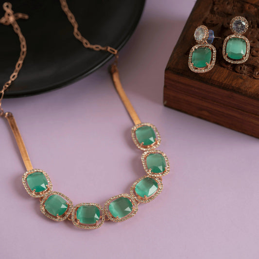 Sea green diamond studded designer necklace set - Rukhmani